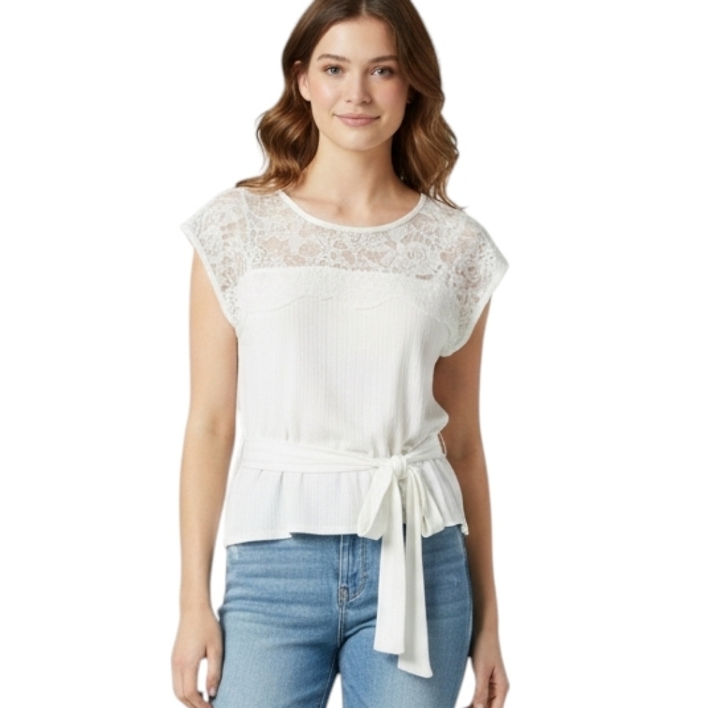 Smart Set Lace Yoke Babydoll Top Women Medium White Tie Waist